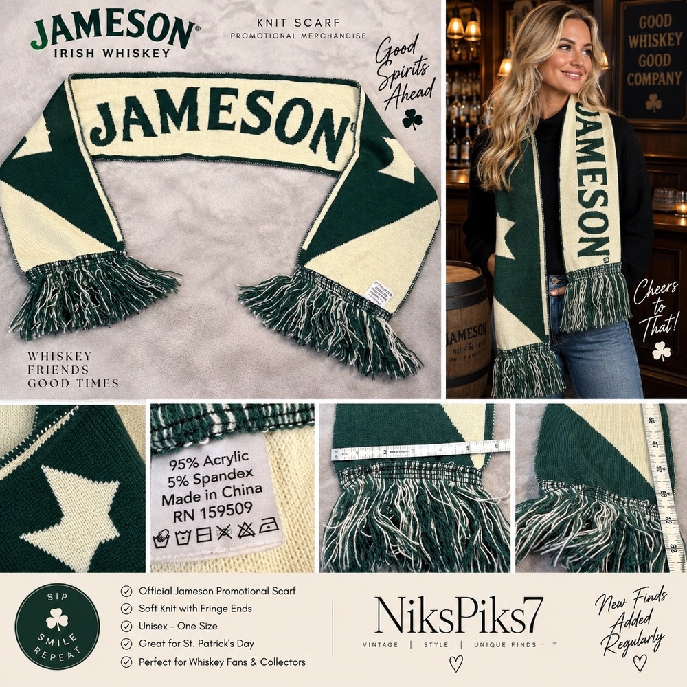Jameson Irish Whiskey Knit Scarf Green Cream Fringe Logo Promo Unisex